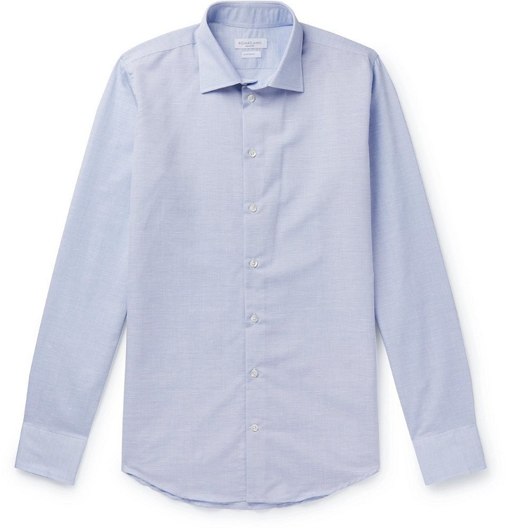 Photo: Richard James - Slim-Fit Cotton and Linen-Blend Shirt - Blue