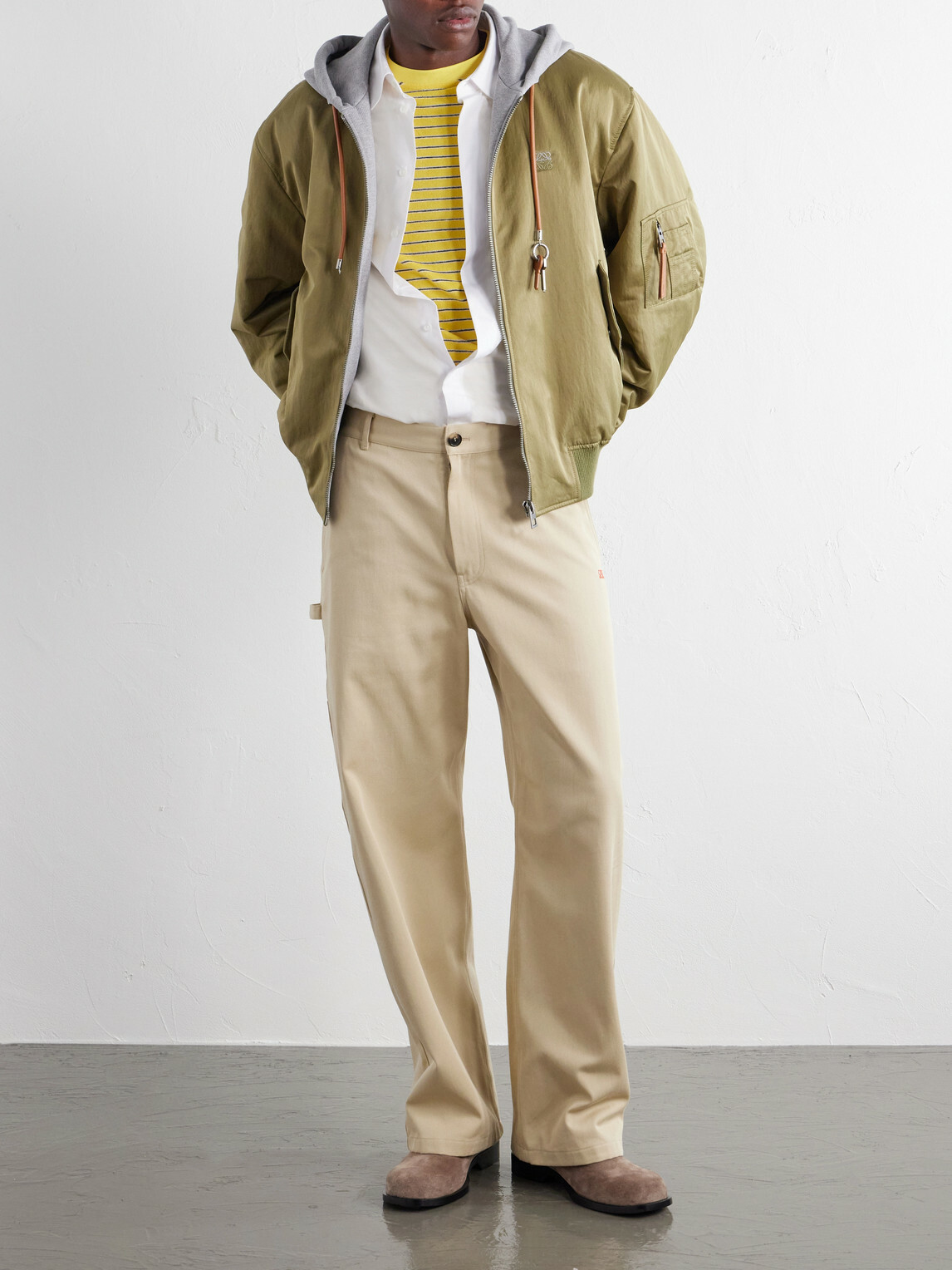 LOEWE - Anagram-Embroidered Leather and Jersey-Trimmed Satin Bomber Jacket - Green