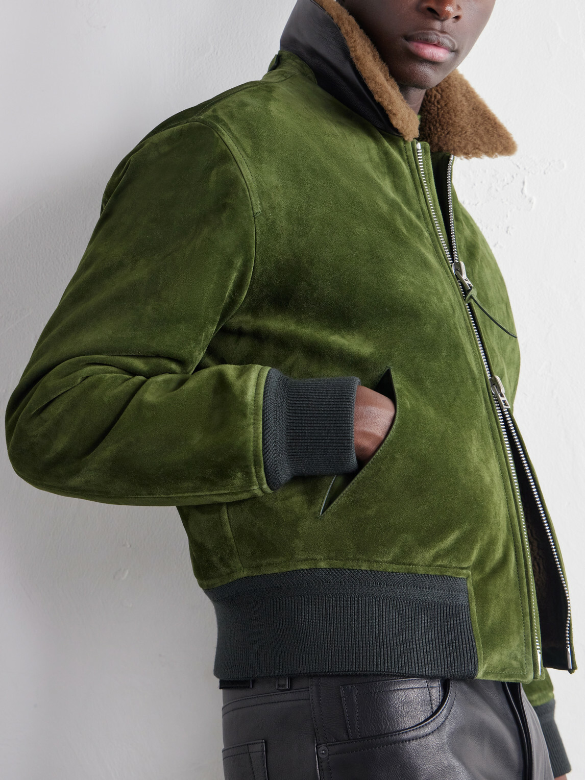 TOM FORD - Shearling-Trimmed Suede Bomber Jacket - Green