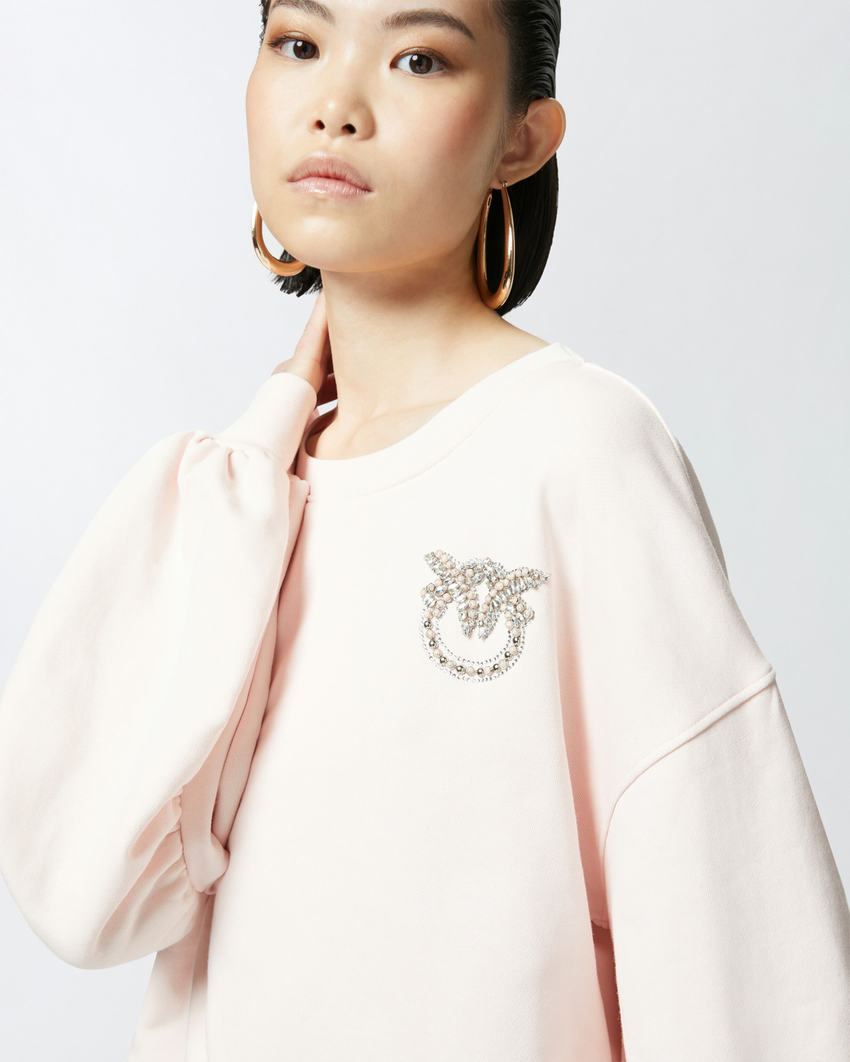 Pinko Sweatshirt With Wide Sleeves And Bejewelled Love Birds Embroidery Pink Pale Chestnut Brown