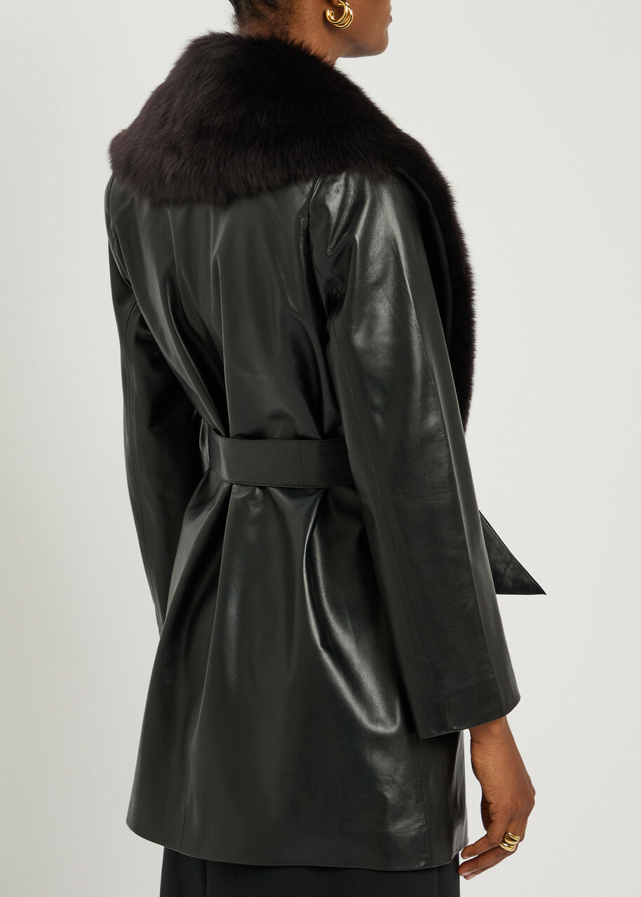 Nour Hammour Kelsey Fur-trimmed Belted Leather Jacket Black