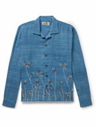 Karu Research - Camp-Collar Bead-Embellished Slub Cotton-Voile Shirt - Blue