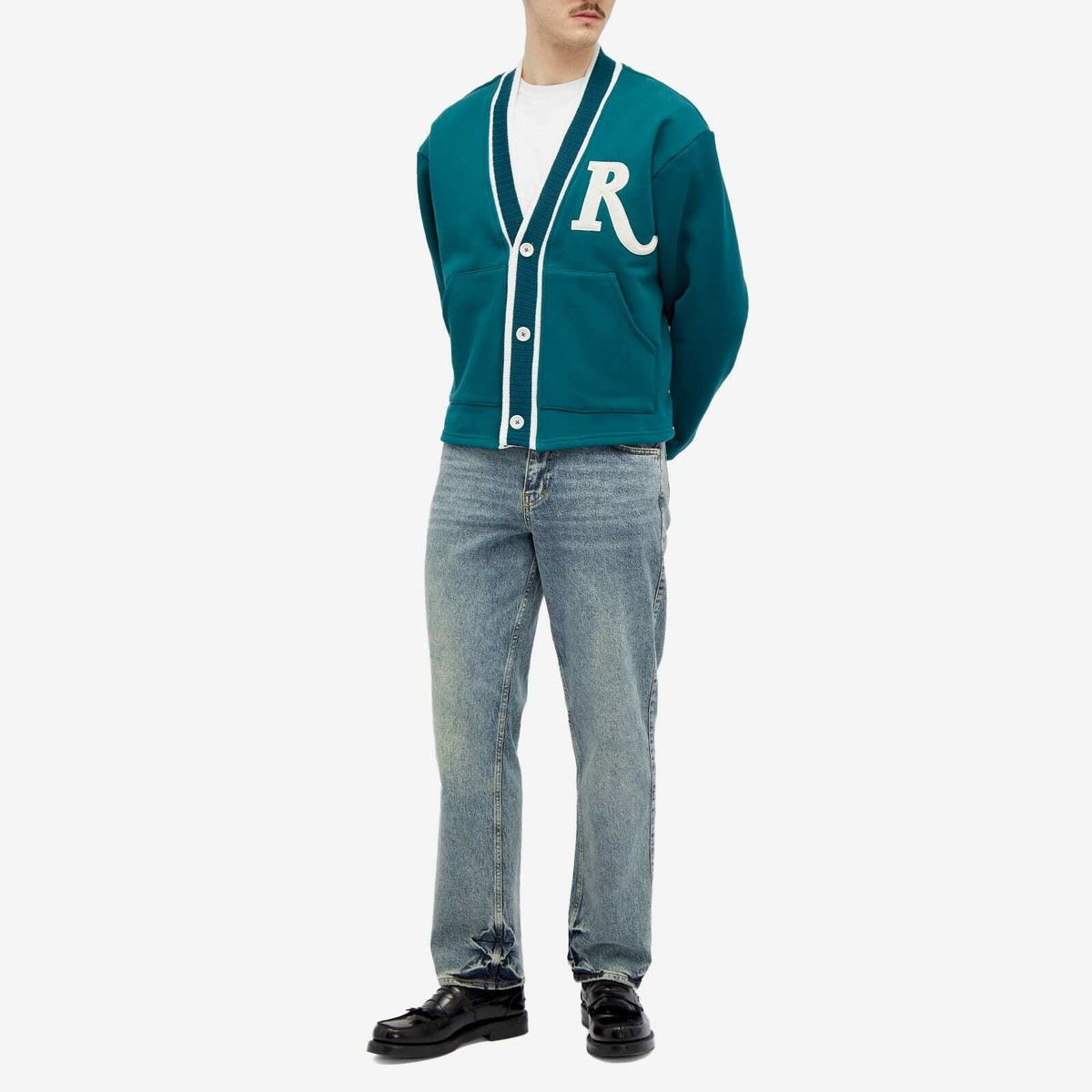Rhude Men's R-Patch Terry Cardigan in Teal/Cream