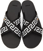 Versace Black & White Nastro Greca Cross Strap Sandals