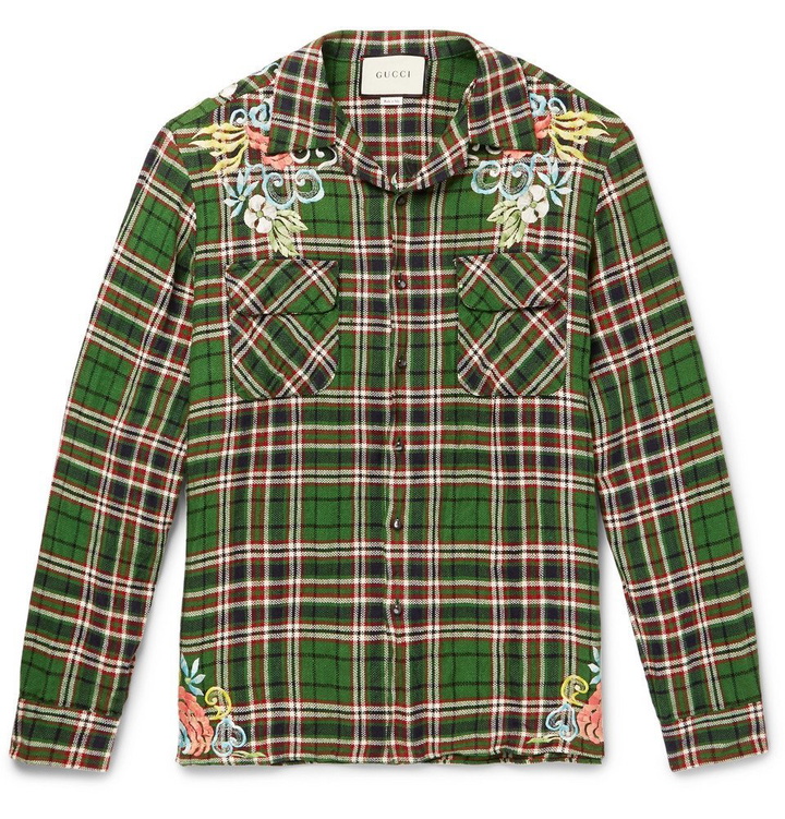 Photo: Gucci - Embroidered Checked Crinkled-Linen Shirt - Men - Green