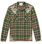 Gucci - Embroidered Checked Crinkled-Linen Shirt - Men - Green
