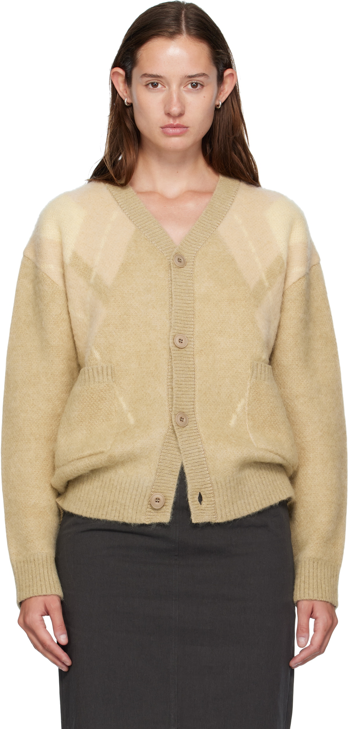 COOR Beige Hairy Mixed Argyle Cardigan