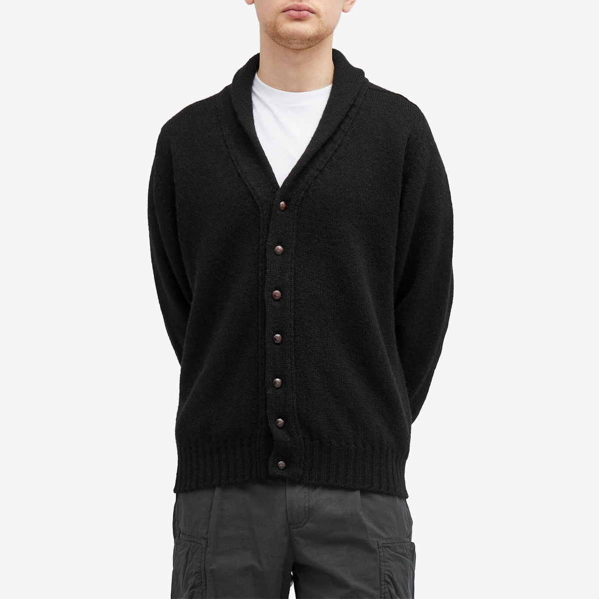 Jamieson's of Shetland Men's Elbow Patch Shawl Collar Cardigan in Black