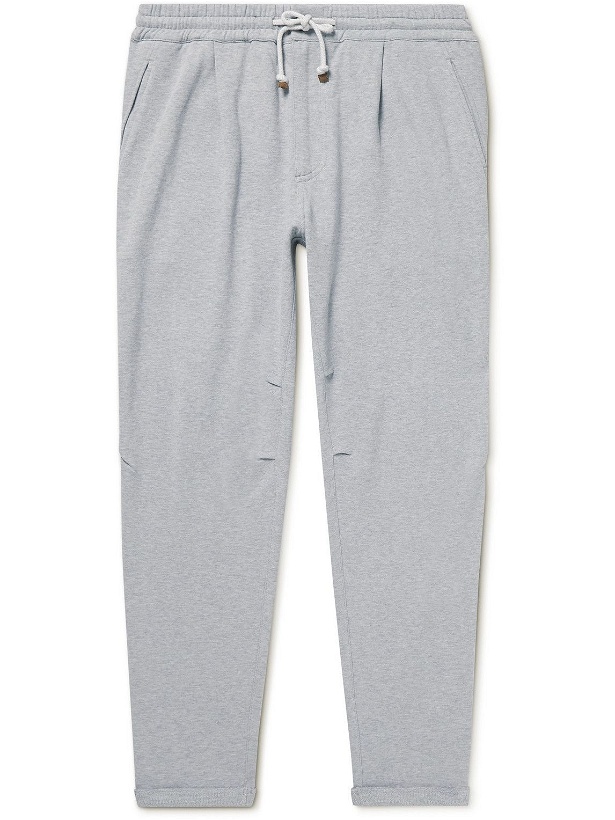 Photo: Brunello Cucinelli - Tapered Pleated Cotton-Jersey Sweatpants - Gray