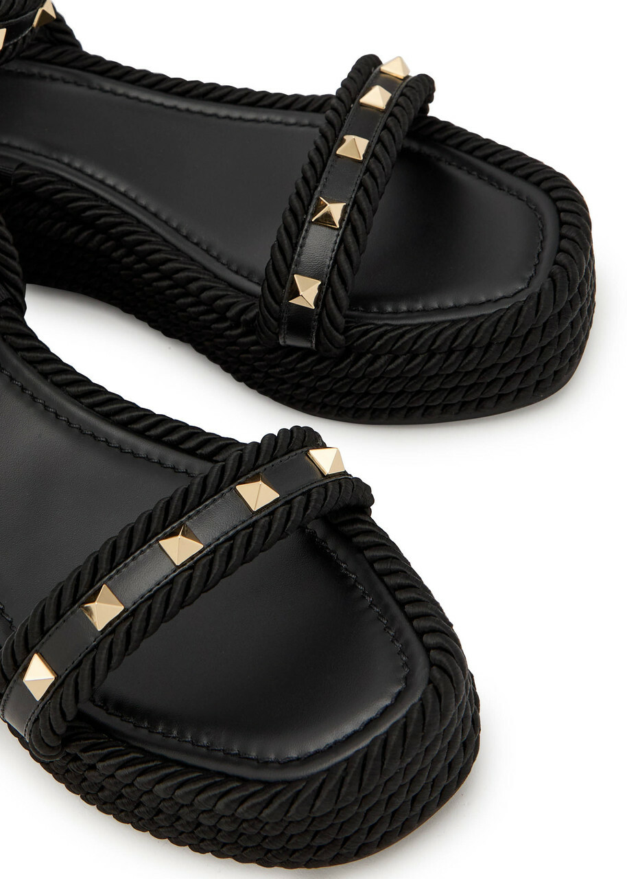 Valentino Rockstud Torchon Silk Espadrille Wedge Sandals Black