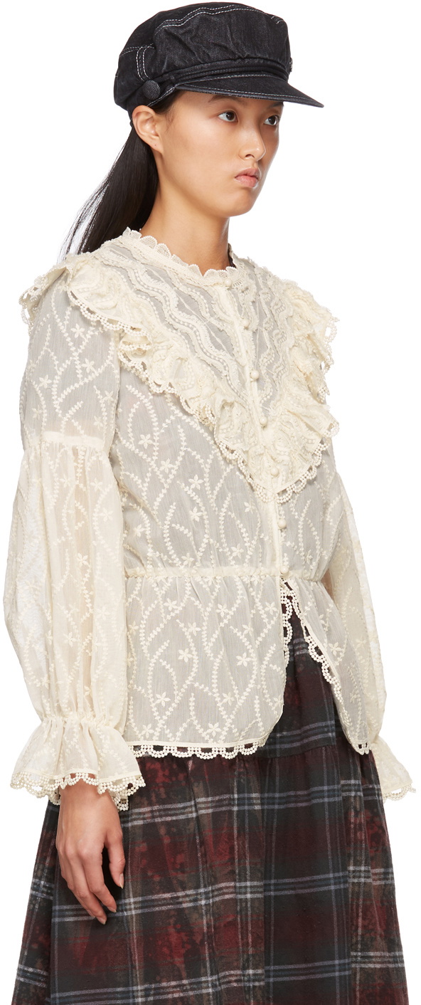 Anna Sui Off-White Botanical Lace Ruffle Blouse Anna Sui