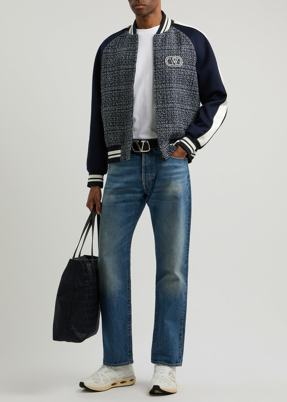 Valentino Panelled Tweed Bomber Jacket Blue And White