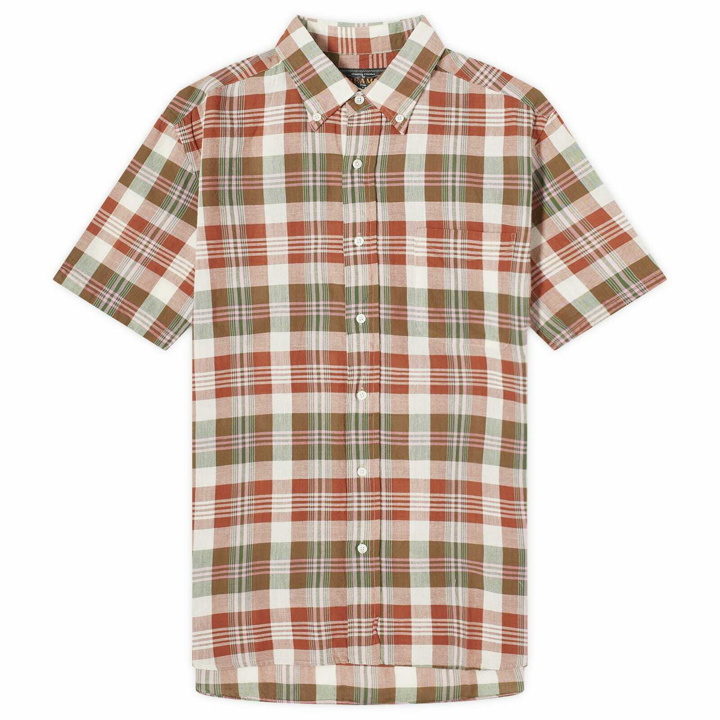 Photo: Beams Plus Men's Button Down Short Sleeve Madras Shirt in Brown