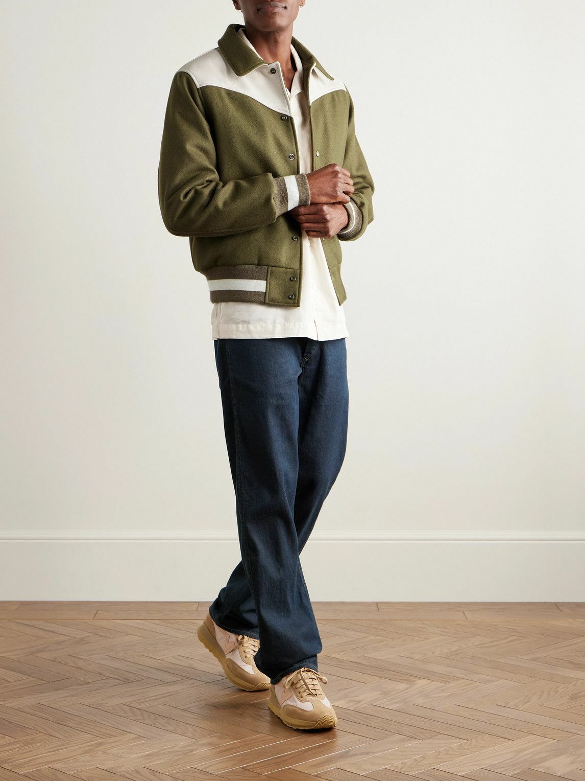 Golden Bear - Padded Leather-Trimmed Wool-Blend Felt Varsity Jacket - Green