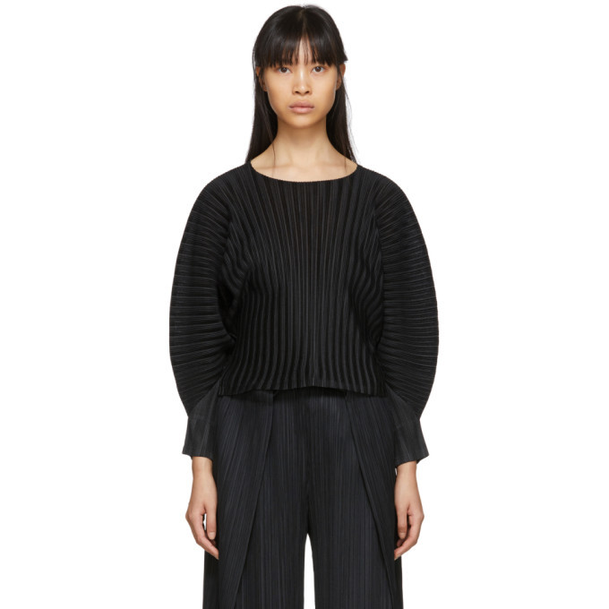 Pleats Please Issey Miyake Black Rib Pleats Wide Sleeve Pullover