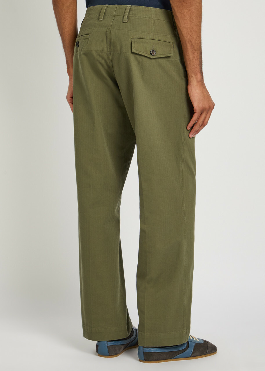 Drake's Herringbone Wide-leg Chino Trousers Khaki