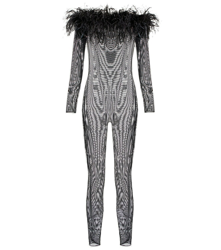 Photo: Oséree Feather-trimmed mesh jumpsuit