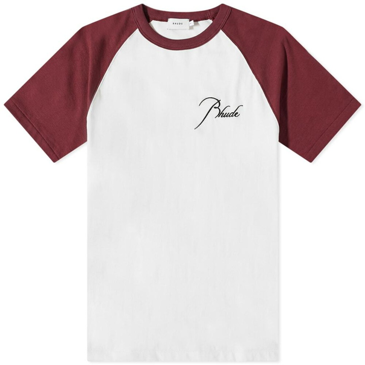 Photo: Rhude Men's Logo Raglan T-Shirt in Burgundy/White