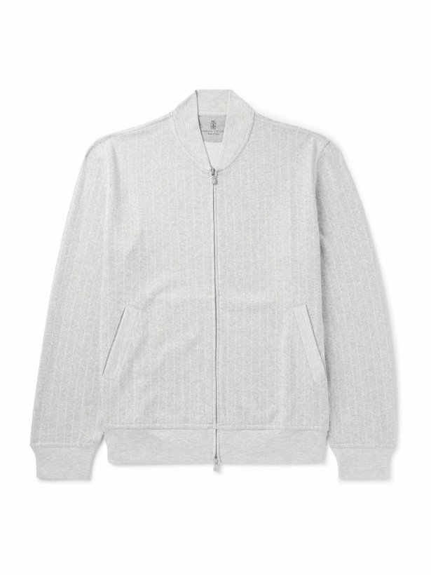 Photo: Brunello Cucinelli - Striped Cotton, Cashmere and Silk-Blend Zip-Up Sweatshirt - Gray
