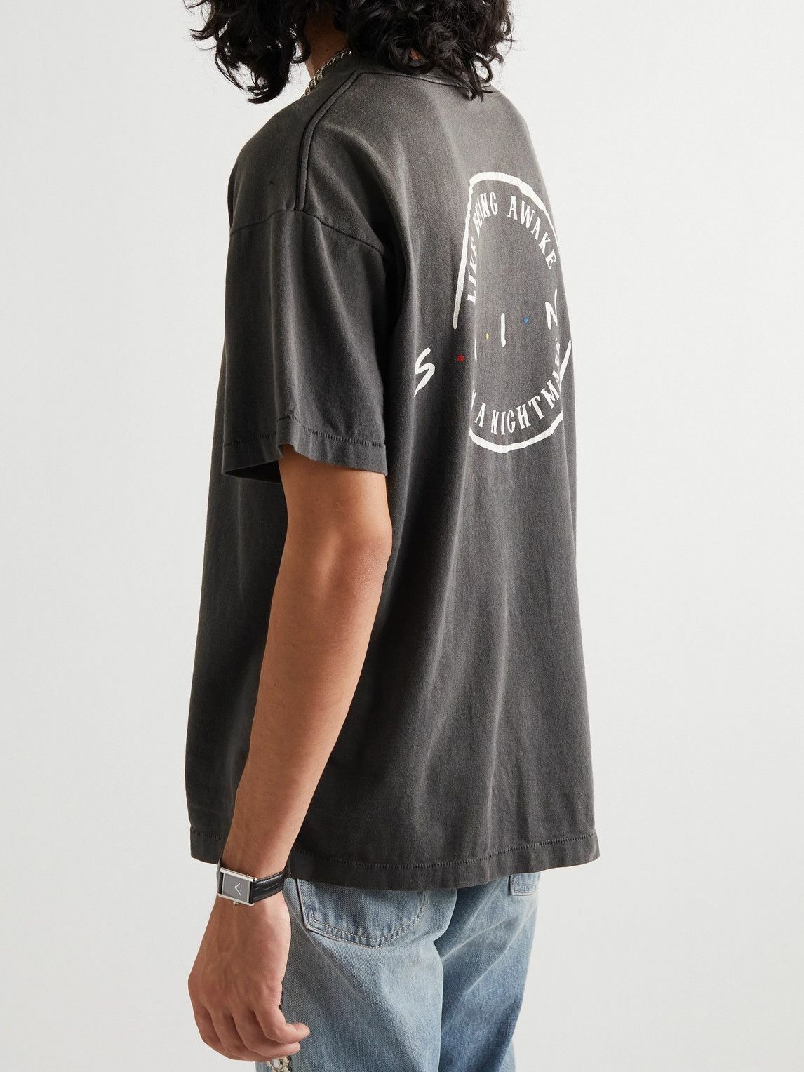 SAINT Mxxxxxx - Logo-Print Distressed Cotton-Jersey T-Shirt - Black