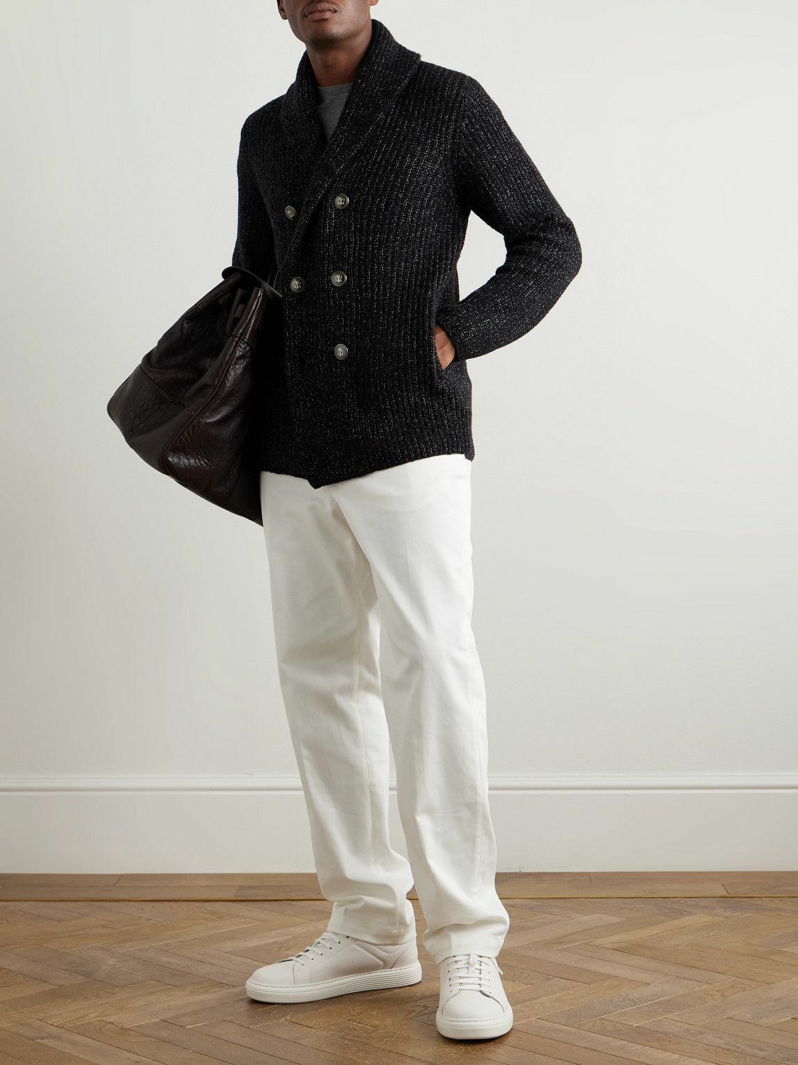 Brunello Cucinelli - Shawl-Collar Double-Breasted Ribbed Virgin Wool, Silk and Cashmere-Blend Cardigan - Black
