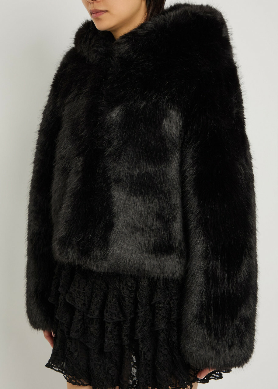 Free People Louder Please Hooded Faux fur Jacket Black