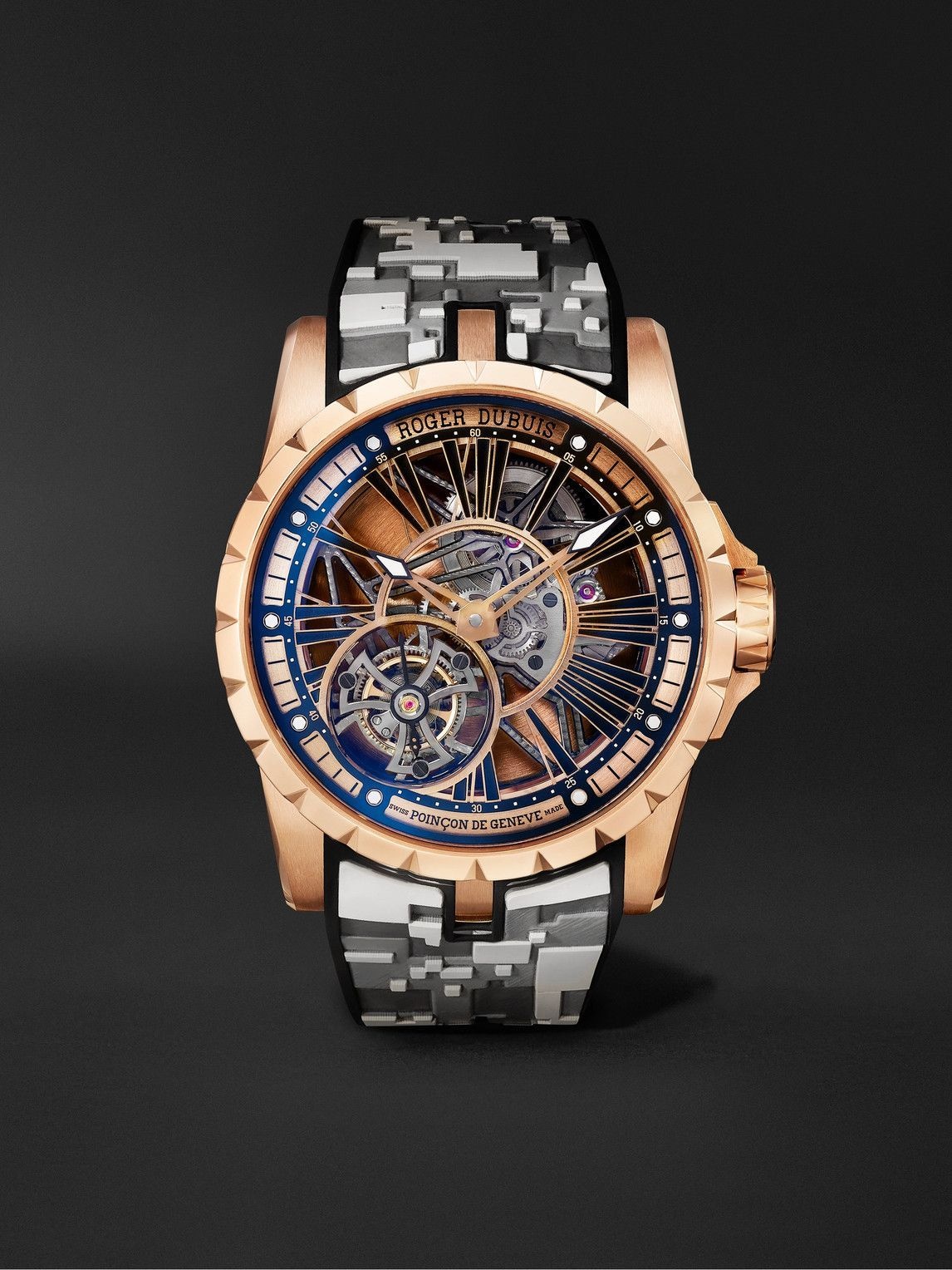 Photo: Roger Dubuis - Excalibur 45 Limited Edition Automatic Skeleton 45mm 18-Karat Pink Gold and Rubber Watch, Ref. No. RDDBEX0904