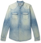 Balmain - Grandad-Collar Logo-Embroidered Distressed Denim Shirt - Blue