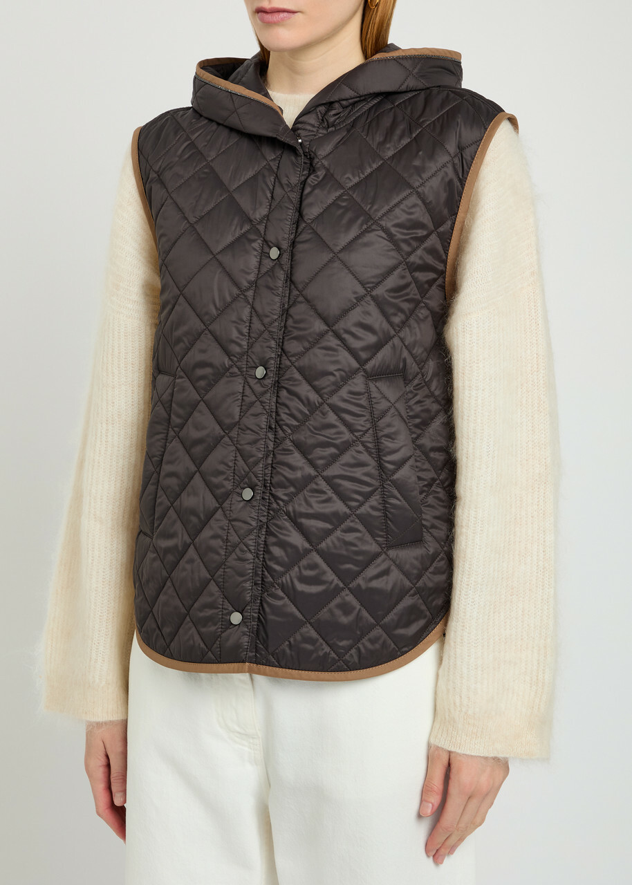 Brunello Cucinelli Quilted Hooded Nylon Gilet Dark Brown