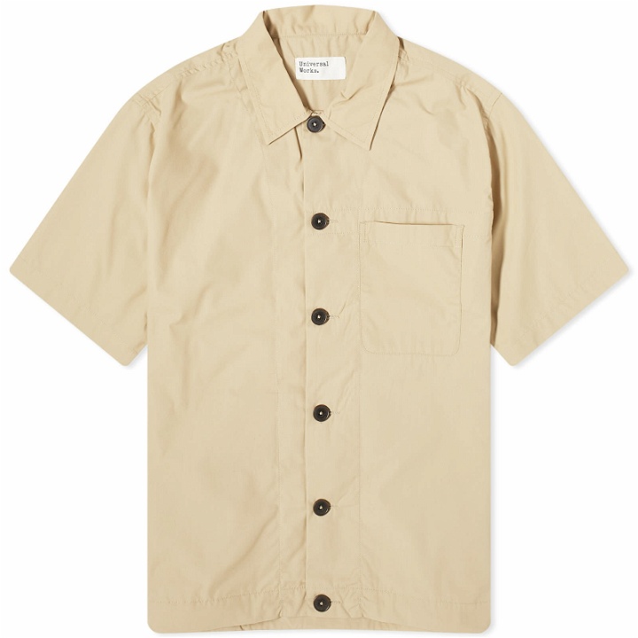 Photo: Universal Works Men's Recycled Poly Short Sleeve Shirt in Sand