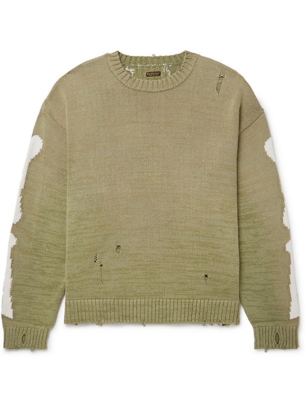 Photo: KAPITAL - Distressed Intarsia Cotton-Blend Sweater - Green