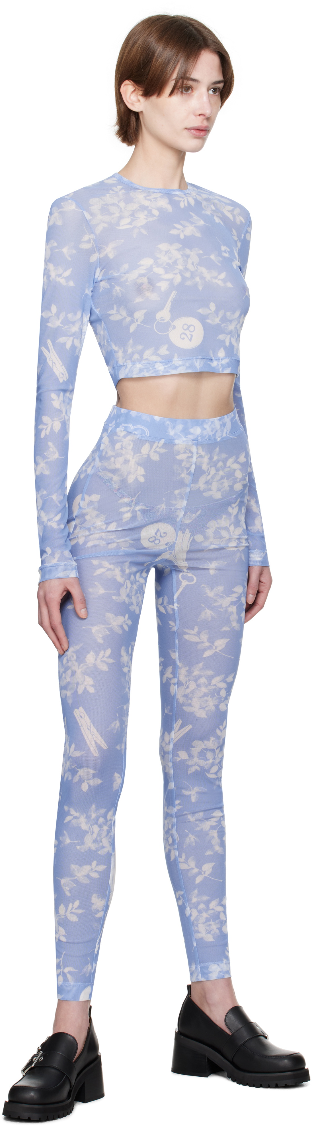 Moschino Jeans Blue Floral Print Mesh T-shirt