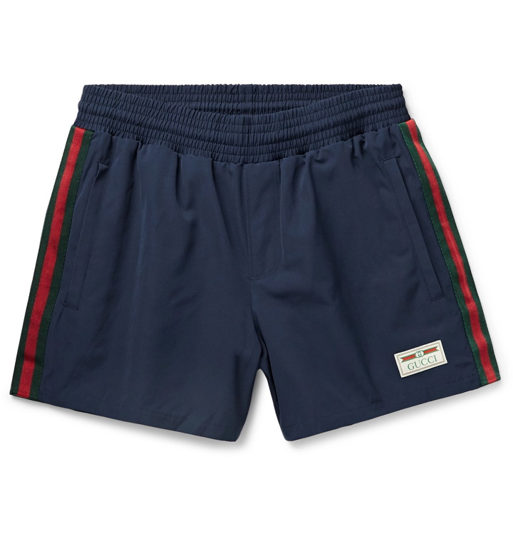 Photo: Gucci - Mid-Length Webbing-Trimmed Swim Shorts - Blue
