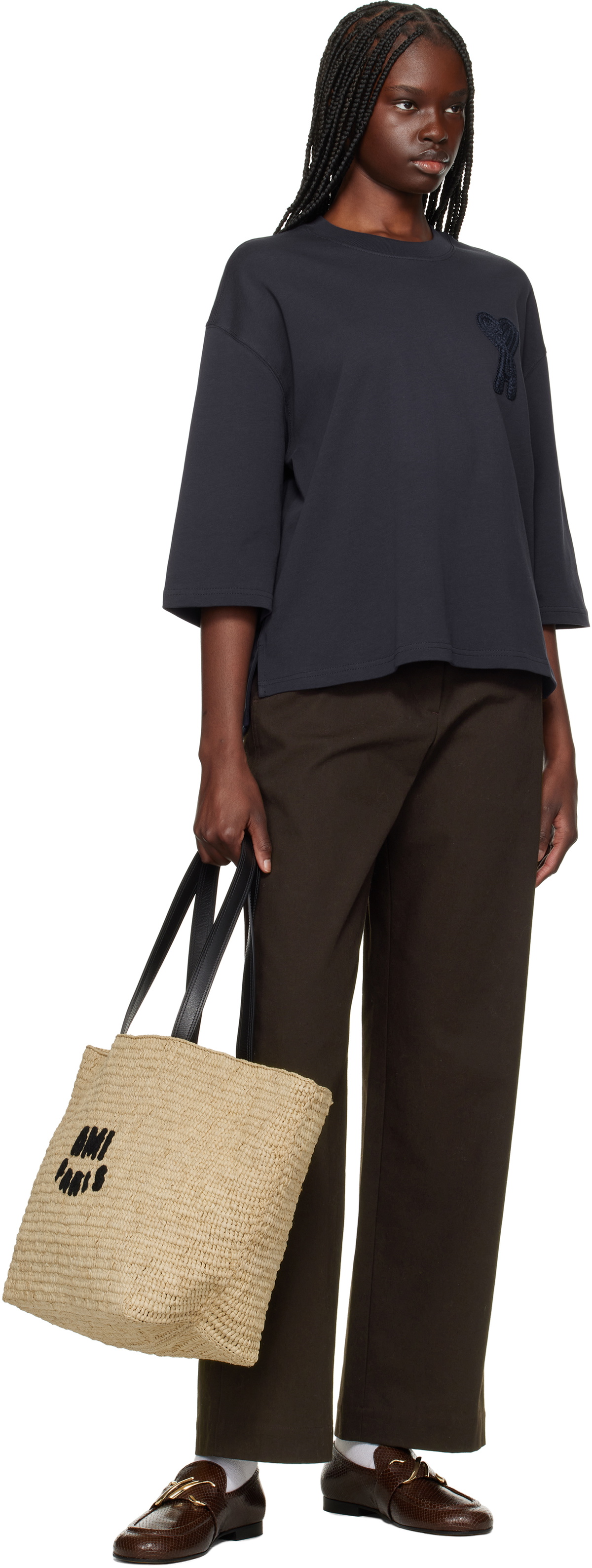 AMI Paris Beige Leather Rafia Ami Paris Tote