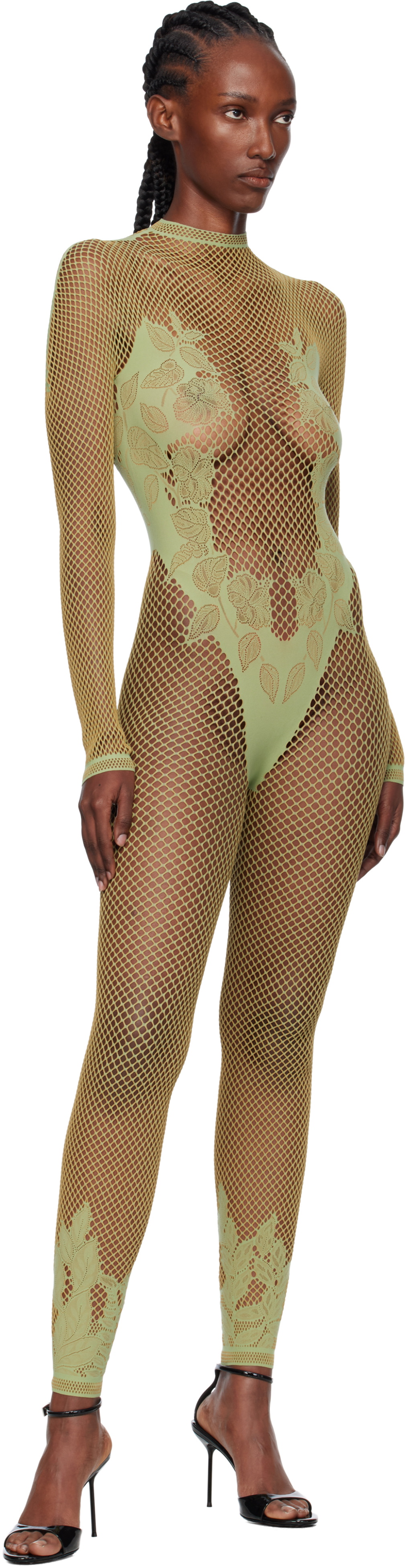 Poster Girl Green Leaves Fishnet Capri Jumpsuit