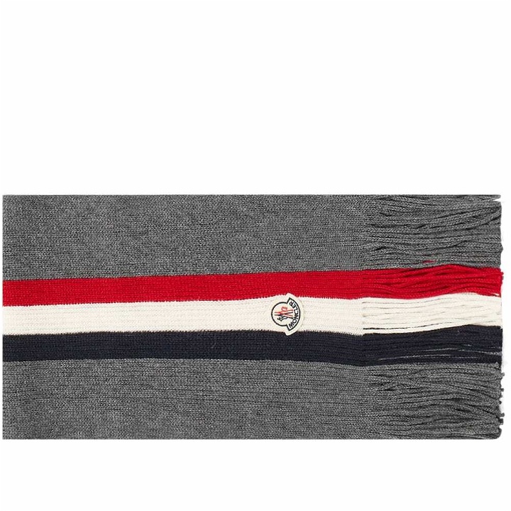 Photo: Moncler Men's Tricolore Striped Logo Scarf in Grey