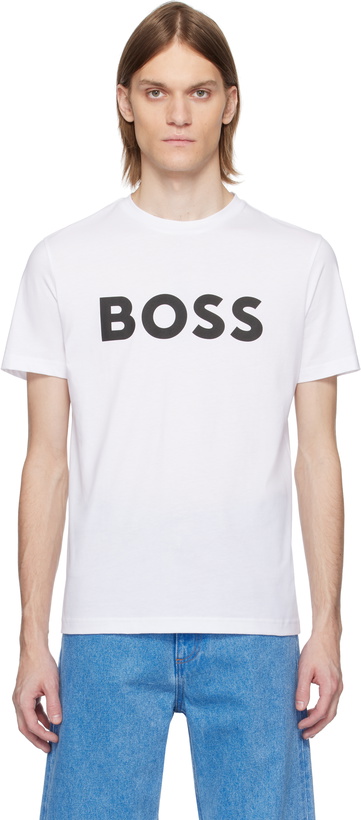 Photo: BOSS White Curved-Logo Print T-shirt