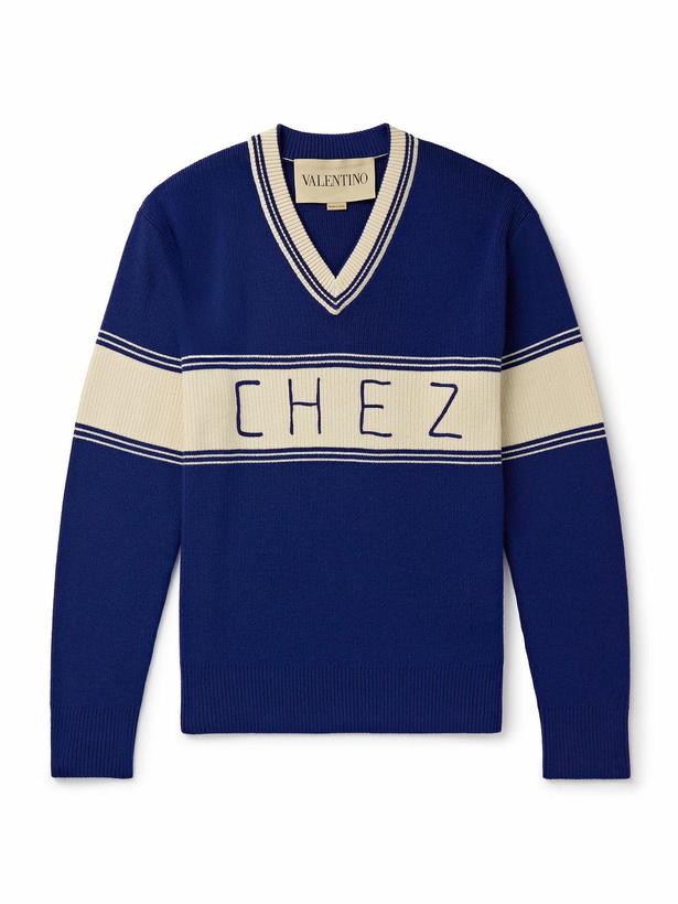 Photo: Valentino Garavani - Embroidered Striped Virgin Wool and Cotton-Blend Sweater - Blue