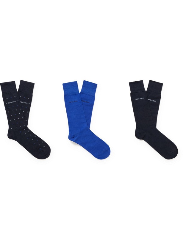 Photo: HUGO BOSS - Three-Pack Logo-Intarsia Stretch Cotton-Blend Socks