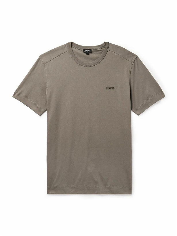 Photo: Zegna - Slim-Fit Logo-Embroidered Cotton-Jersey T-Shirt - Brown