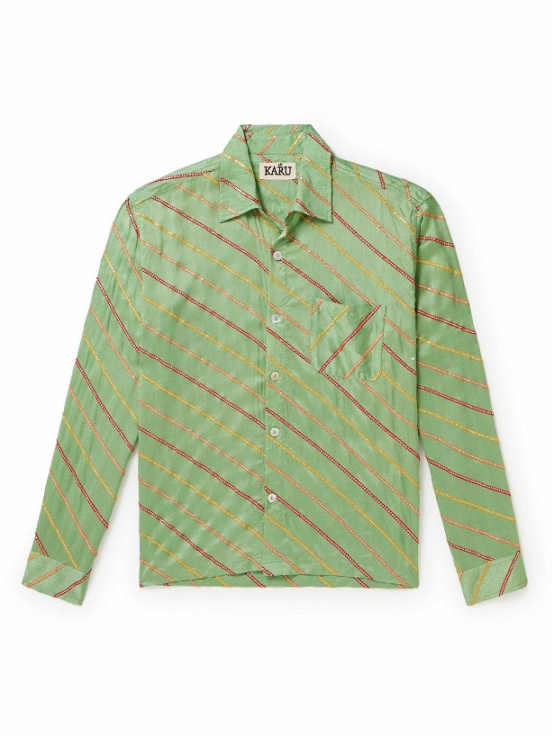 Photo: Karu Research - Sequined Embroidered Striped Silk Shirt - Green