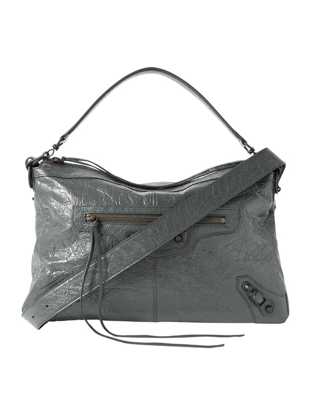 Photo: Balenciaga - Le City Moto Medium Embellished Crinkled-Leather Messenger Bag