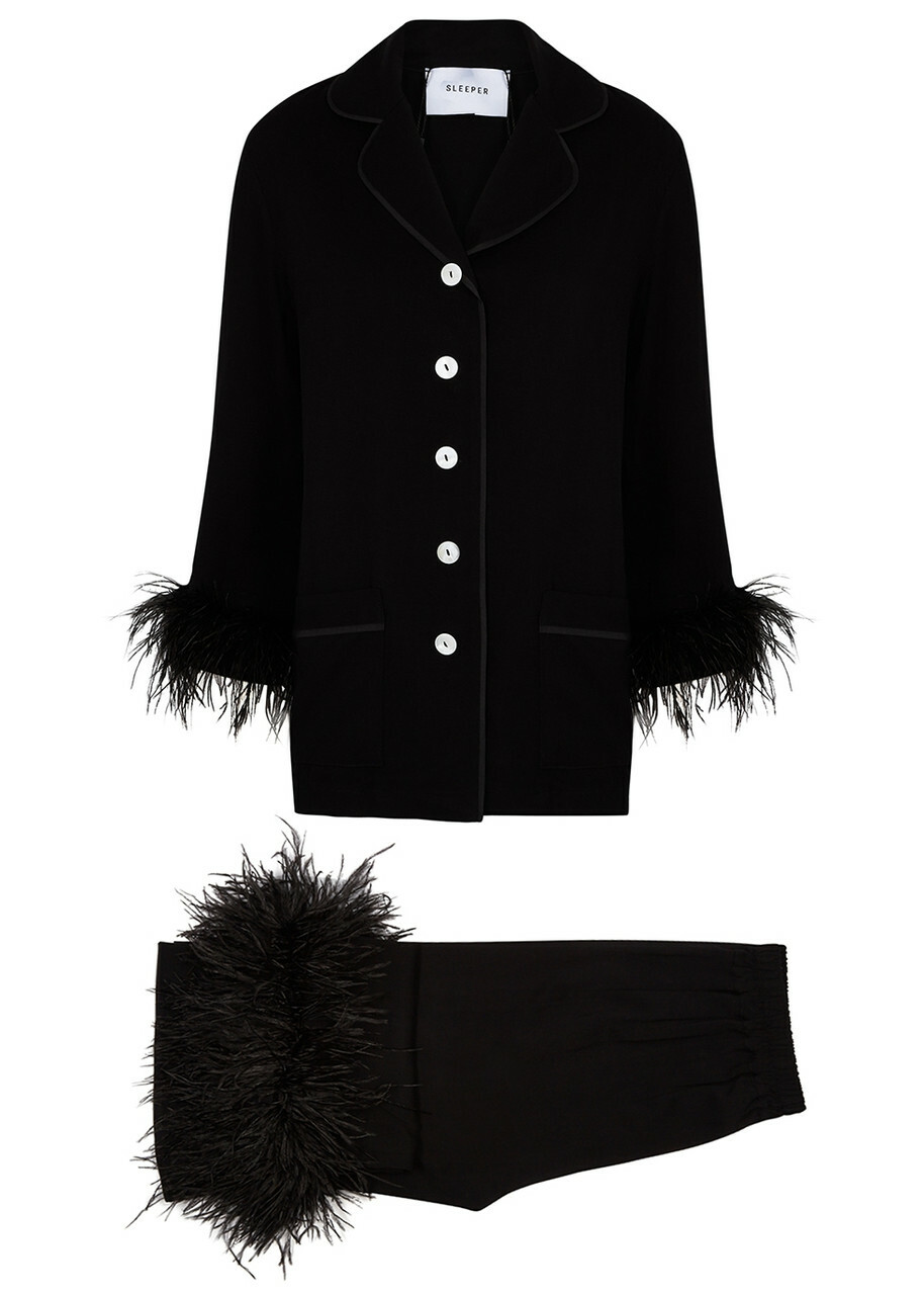 Sleeper Party Feather-trimmed Pyjama set Black