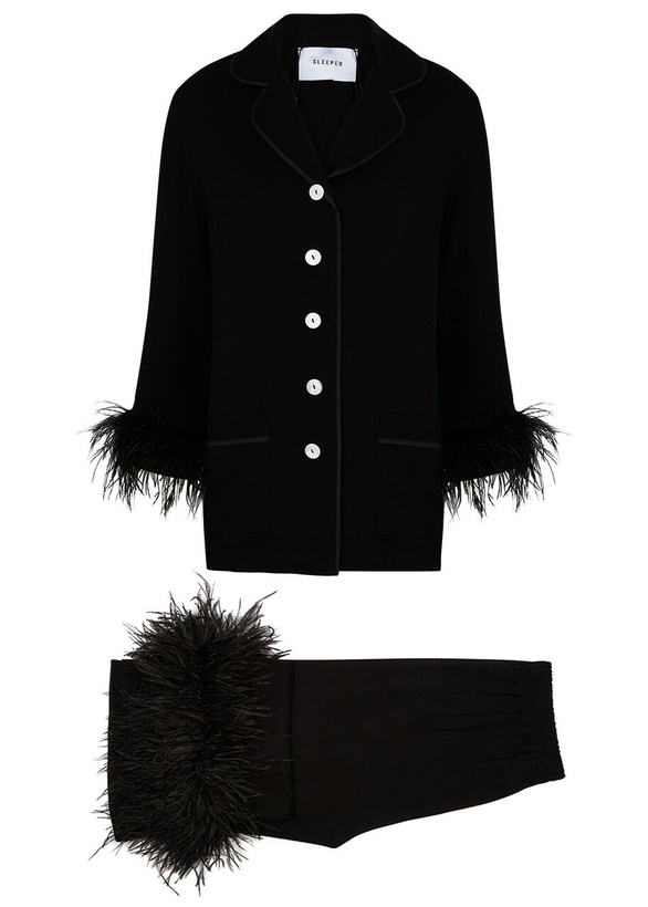 Photo: Sleeper Party Feather-trimmed Pyjama set Black
