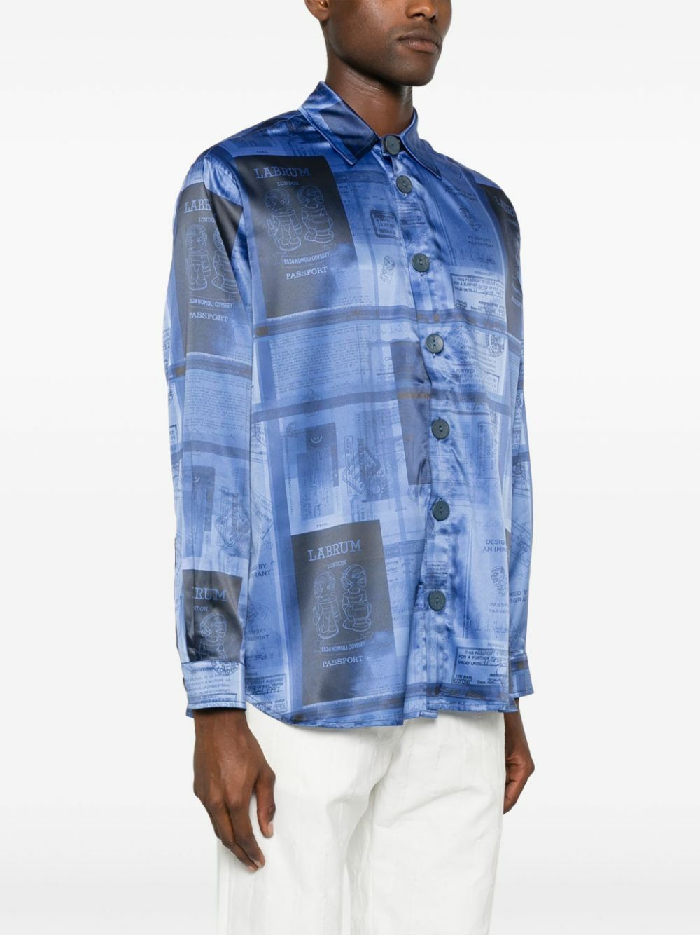 Labrum London Blue Passport-Print Satin Shirt