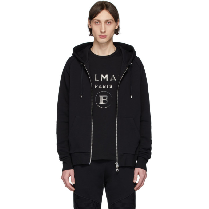 Balmain Black Debossed Zip-Up Hoodie Balmain