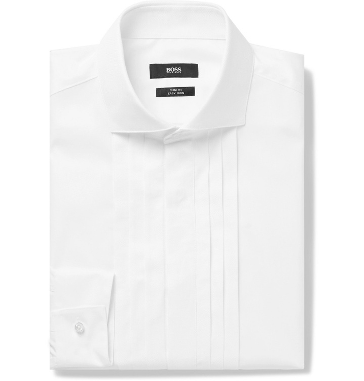 Photo: HUGO BOSS - Slim-Fit Cutaway-Collar Pleated Bib-Front Cotton-Poplin Tuxedo Shirt - White