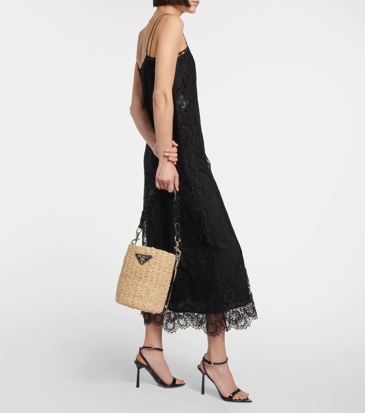 Prada Leather-trimmed raffia bucket bag Prada