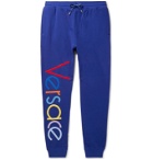 Versace - Tapered Logo-Embroidered Fleece-Back Cotton-Jersey Sweatpants - Blue