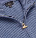 DUNHILL - Leather-Trimmed Ribbed Wool Zip-Up Cardigan - Blue